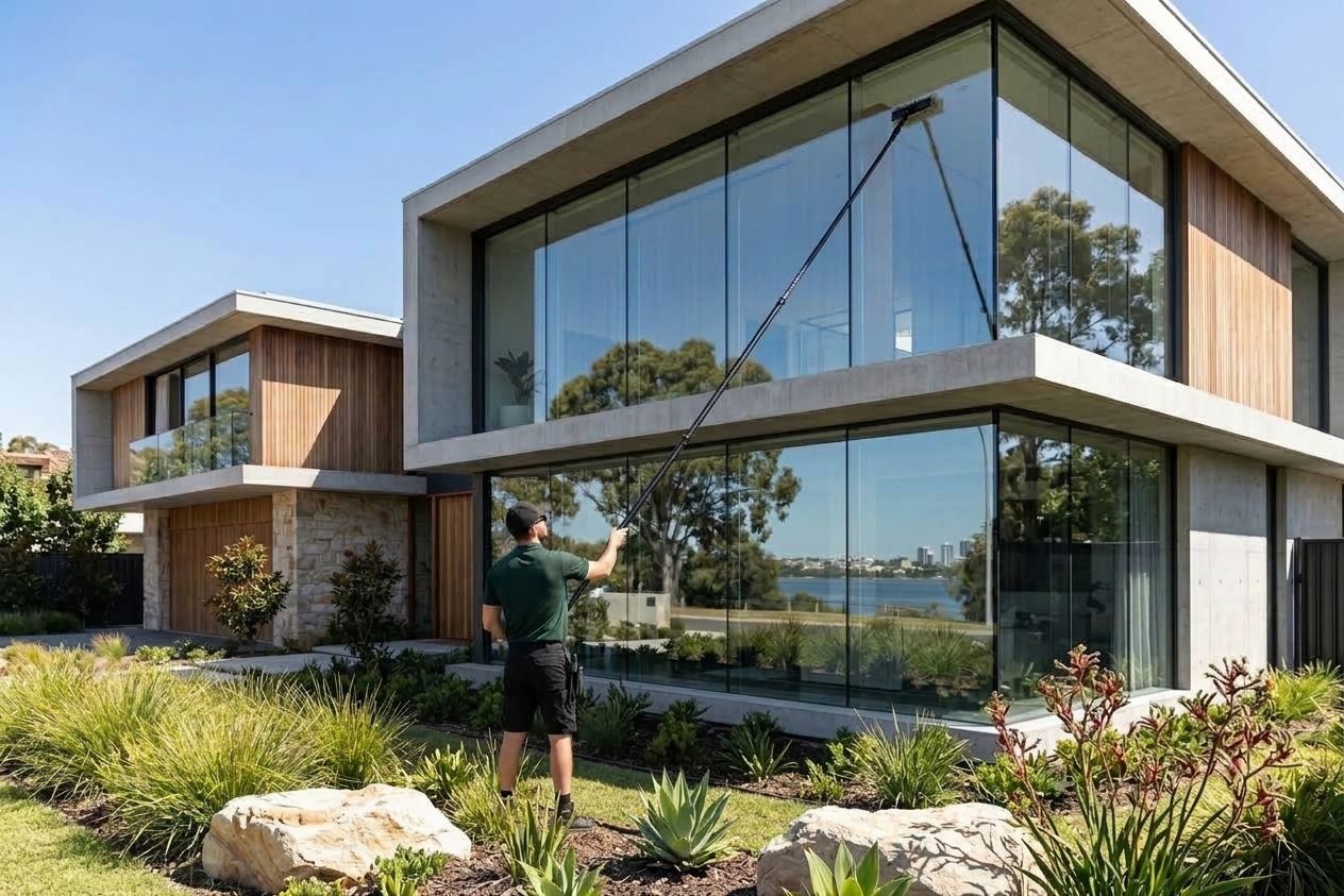 KenKleen technician cleaning the upper glass of a modern home with a water-fed pole, kangaroo paws in the garden